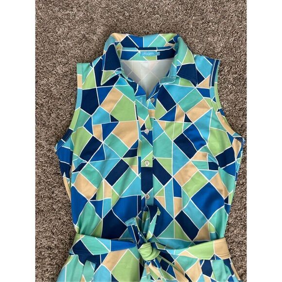 J. Mclaughlin Dolly Catalina Cloth Sleeveless Dress Belted Green/Blue Print XS - Picture 5 of 15